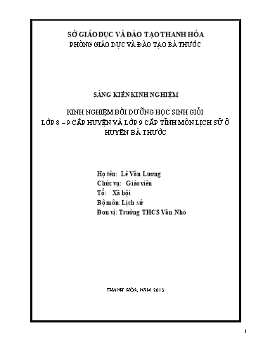 Sáng kiến kinh nghiệm Bồi dưỡng HSG lớp 8 - 9 cấp huyện và lớp 9 cấp tỉnh môn Lịch sử ở huyện Bá Thước Sáng kiến kinh nghiệm Bồi dưỡng HSG lớp 8 - 9 cấp huyện và lớp 9 cấp tỉnh môn Lịch sử ở huyện Bá Thước