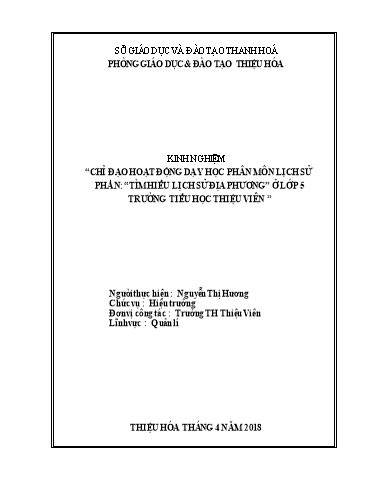 Sáng kiến kinh nghiệm Chỉ đạo dạy học phân môn Lịch sử - Phần “Tìm hiểu Lịch sử địa phương” ở lớp 5 trường Tiểu học Thiệu Trung