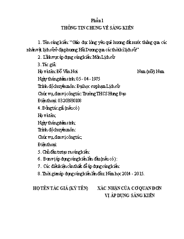 Sáng kiến kinh nghiệm Giáo dục lòng yêu quê hương đất nước thông qua các nhân vật lịch sử ở địa phương Hải Dương qua các thời kì lịch sử