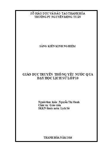 Sáng kiến kinh nghiệm Giáo dục truyền thống yêu nước qua dạy học Lịch sử lớp 10