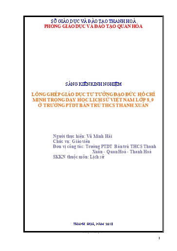 Sáng kiến kinh nghiệm Lồng ghép giáo dục tư tưởng đạo đức Hồ Chí Minh trong dạy học lịch sử Việt Nam lớp 8, 9 ở trường PTDT Bán trú THCS Thanh Xuân