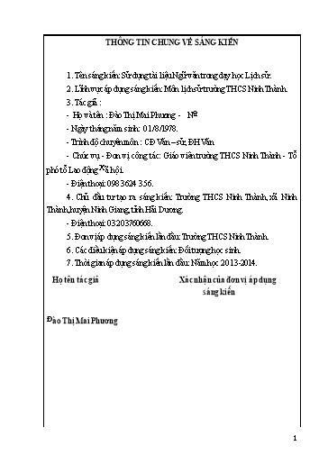 Sáng kiến kinh nghiệm Sử dụng tài liệu Ngữ văn trong dạy học Lịch sử Sáng kiến kinh nghiệm Sử dụng tài liệu Ngữ văn trong dạy học Lịch sử