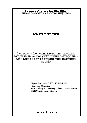 Sáng kiến kinh nghiệm Ứng dụng công nghệ thông tin vào giảng dạy nhằm nâng cao chất lượng dạy học phân môn Lịch sử lớp 4 ở trường Tiểu học Thiệu Nguyên