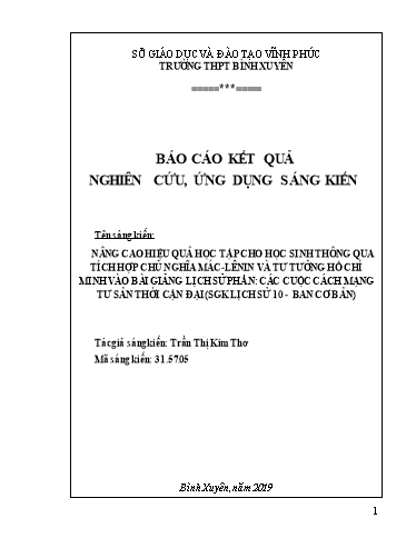 SKKN Nâng cao hiệu quả học tập cho học sinh thông qua tích hợp chủ nghĩa Mác - Lênin và tư tưởng Hồ Chí Minh vào bài giảng lịch sử phần các cuộc cách mạng tư sản thời cận đại (SGK Lịch sử 10 - Ban cơ bản) SKKN Nâng cao hiệu quả học tập cho học sinh thông qua tích hợp chủ nghĩa Mác - Lênin và tư tưởng Hồ Chí Minh vào bài giảng lịch sử phần các cuộc cách mạng tư sản thời cận đại (SGK Lịch sử 10 - Ban cơ bản)