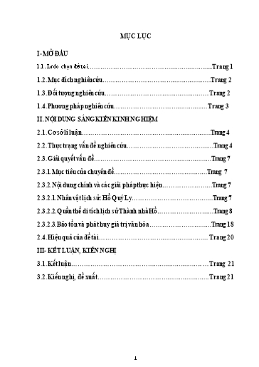 SKKN Sử dụng các tài liệu ngoài sách giáo khoa để Dạy - Học lịch sử địa phương qua Chuyên đề “Bảo tồn và phát huy giá trị văn hóa quần thể di tích lịch sử thành nhà Hồ (1400-1407)”- Tiết 51 – lớp 10