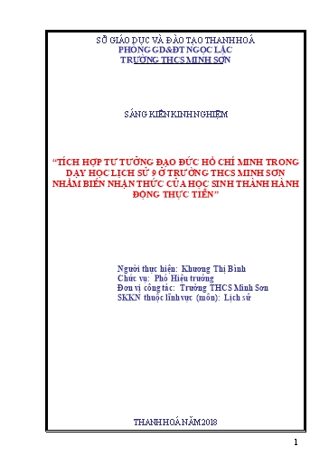 SKKN Tích hợp tư tưởng đạo đức Hồ Chí Minh trong dạy học Lịch sử lớp 9 Trường THCS Minh Sơn nhằm biến nhận thức của học sinh thành hành động thực tiễn