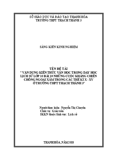 SKKN Vận dụng kiến thức Văn học trong dạy học Lịch sử lớp 10, bài 19: Những cuộc kháng chiến chống ngoại xâm trong các thế kỉ X - XV ở trường THPT Thạch Thành 3