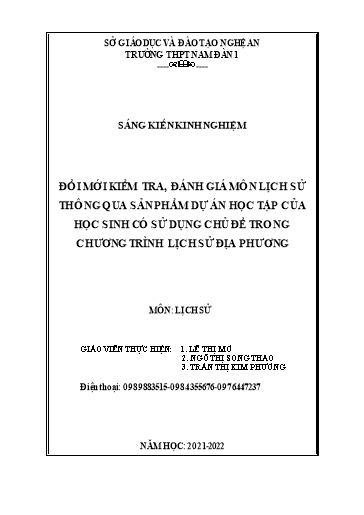 Sáng kiến kinh nghiệm Đổi mới kiểm tra, đánh giá môn Lịch sử thông qua sản phẩm dự án học tập của học sinh có sử dụng chủ đề trong chương trình lịch sử địa phương