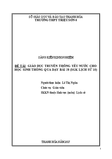 Sáng kiến kinh nghiệm Giáo dục lòng yêu nước cho học sinh thông qua dạy bài 28 (Lịch sử 10) Sáng kiến kinh nghiệm Giáo dục lòng yêu nước cho học sinh thông qua dạy bài 28 (Lịch sử 10)