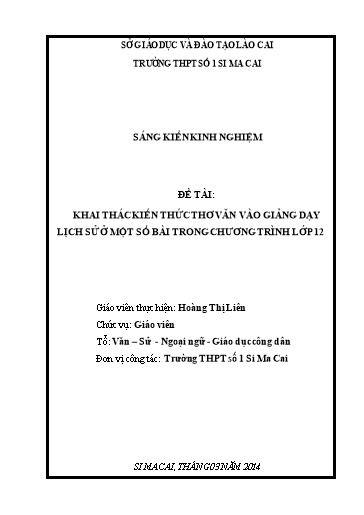 Sáng kiến kinh nghiệm Khai thác kiến thức thơ văn trong dạy học Lịch sử ở một số bài trong chương trình Lịch sử lớp 12