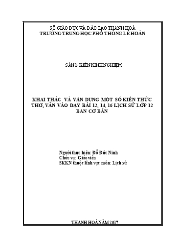 Sáng kiến kinh nghiệm Khai thác và vận dụng một số kiến thức thơ, văn vào dạy bài 12, 14, 16 Lịch sử lớp 12 ban cơ bản