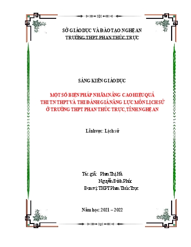 Sáng kiến kinh nghiệm Một số biện pháp nhằm nâng cao hiệu quả thi TN THPT và thi đánh giá năng lực môn Lịch sử ở trường THPT Phan Thúc Trực, tỉnh Nghệ An