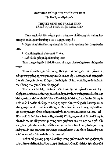 Sáng kiến kinh nghiệm Một số giải pháp nâng cao chất lượng bồi dưỡng học sinh giỏi môn Lịch sử trường THPT Lạng Giang số 1