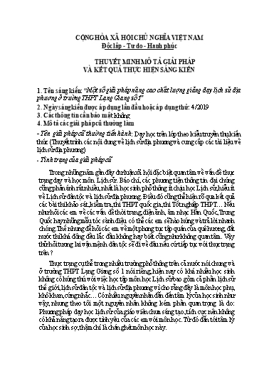 Sáng kiến kinh nghiệm Một số giải pháp nâng cao chất lượng giảng dạy Lịch sử địa phương ở trường THPT Lạng Giang số 1