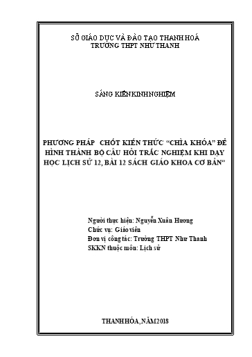 Sáng kiến kinh nghiệm Phương pháp chốt kiến thức “chìa khóa” để hình thành bộ câu hỏi trắc nghiệm khi dạy học Lịch sử 12, Bài 12 sách giáo khoa cơ bản