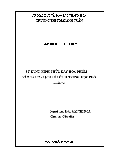 Sáng kiến kinh nghiệm Sử dụng hình thức dạy học nhóm vào bài 22 chương trình Lịch sử lớp 11 ở trường THPT Sáng kiến kinh nghiệm Sử dụng hình thức dạy học nhóm vào bài 22 chương trình Lịch sử lớp 11 ở trường THPT