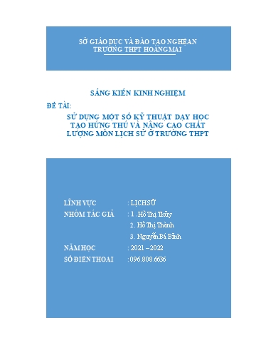 Sáng kiến kinh nghiệm Sử dụng một số kỹ thuật dạy học tạo hứng thú và nâng cao chất lượng môn Lịch sử ở trường THPT Sáng kiến kinh nghiệm Sử dụng một số kỹ thuật dạy học tạo hứng thú và nâng cao chất lượng môn Lịch sử ở trường THPT