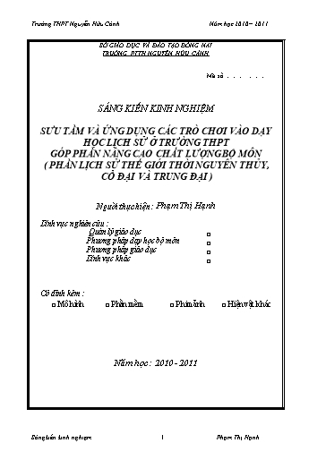 Sáng kiến kinh nghiệm Sưu tầm và ứng dụng các trò chơi vào dạy học lịch sử thế giới ở các trường THPT, góp phần nâng cao chất lượng bộ môn Sáng kiến kinh nghiệm Sưu tầm và ứng dụng các trò chơi vào dạy học lịch sử thế giới ở các trường THPT, góp phần nâng cao chất lượng bộ môn