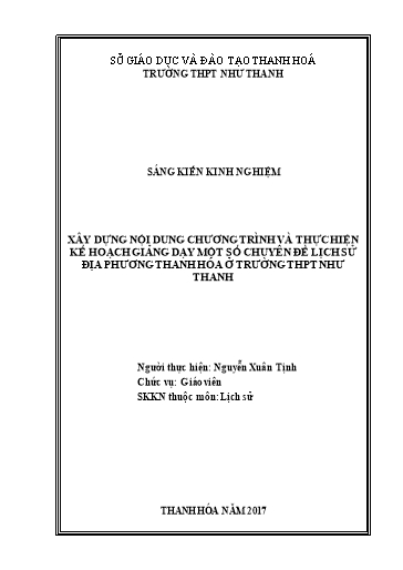 Sáng kiến kinh nghiệm Xây dựng nội dung chương trình và thực hiện kế hoạch giảng dạy một số Chuyên đề lịch sử địa phương Thanh Hóa ở trường THPT Như Thanh