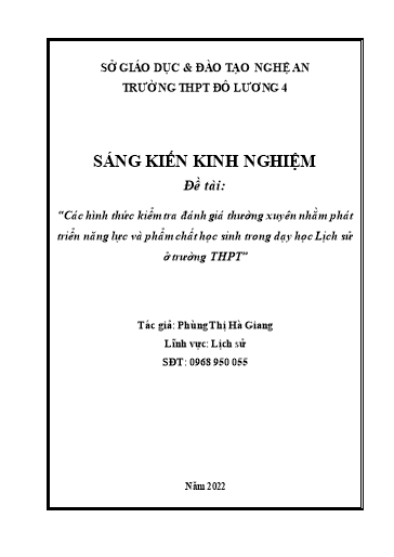 SKKN Các hình thức kiểm tra đánh giá thường xuyên nhằm phát triển năng lực và phẩm chất học sinh trong dạy học Lịch sử ở trường THPT