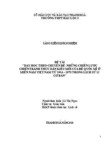 SKKN Dạy học theo Chuyên đề Những chiến lược chiến tranh thực dân kiểu mới của đế quốc Mĩ ở miền Nam Việt Nam từ 1954 - 1973 trong Lịch sử 12 cơ bản
