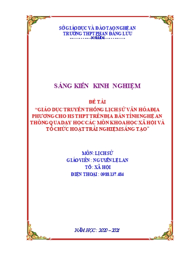 SKKN Giáo dục truyền thống lịch sử văn hóa địa phương cho học sinh THPT trên địa bàn tỉnh Nghệ An thông qua dạy học các môn khoa học xã hội và tổ chức hoạt động trải nghiệm sáng tạo