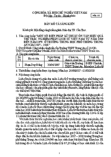 SKKN Một số biện pháp kĩ thuật ôn tập hiệu quả thi trắc nghiệm phần lịch sử Việt Nam từ năm 1919 đến năm 1975 ở trường Trung học phổ thông Trung An năm 2017 - 2018