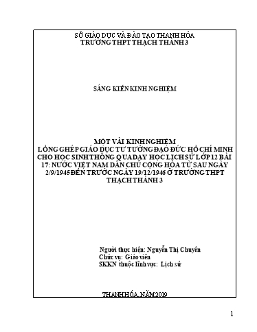 SKKN Một vài kinh nghiệm lồng ghép giáo dục tư tưởng đạo đức Hồ Chí Minh cho học sinh thông qua dạy học Lịch sử lớp 12 Bài 17 Nước Việt Nam dân chủ cộng hòa từ sau ngày 02-09-1945 đến trước ngày 19-12-1946
