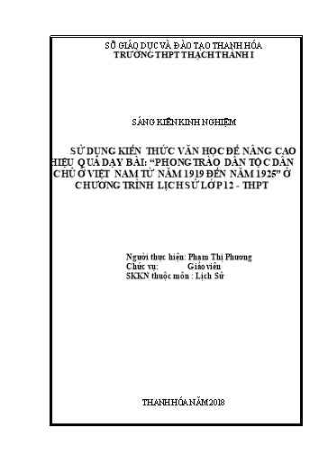 SKKN Sử dụng kiến thức văn học để nâng cao hiệu quả dạy bài “Phong trào dân tộc dân chủ ở Việt Nam từ năm 1919 đến năm 1925” ở chương trình Lịch sử lớp12 - THPT