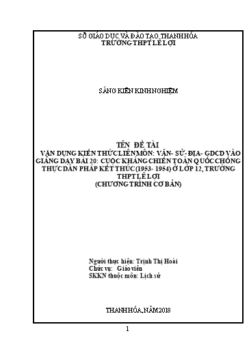 SKKN Vận dụng kiến thức liên môn Văn - Sử - Địa - Giáo dục công dân vào giảng dạy Bài 20: Cuộc kháng chiến toàn quốc chống thực dân Pháp kết thúc (1953 - 1954) - (Lịch sử 12, chương trình chuẩn)