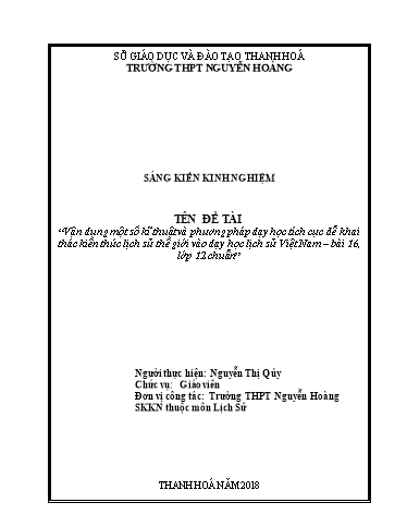 SKKN Vận dụng một số kĩ thuật và phương pháp dạy học tích cực để khai thác kiến thức lịch sử thế giới vào dạy học Lịch sử Việt Nam - Bài 16, lớp 12 chuẩn